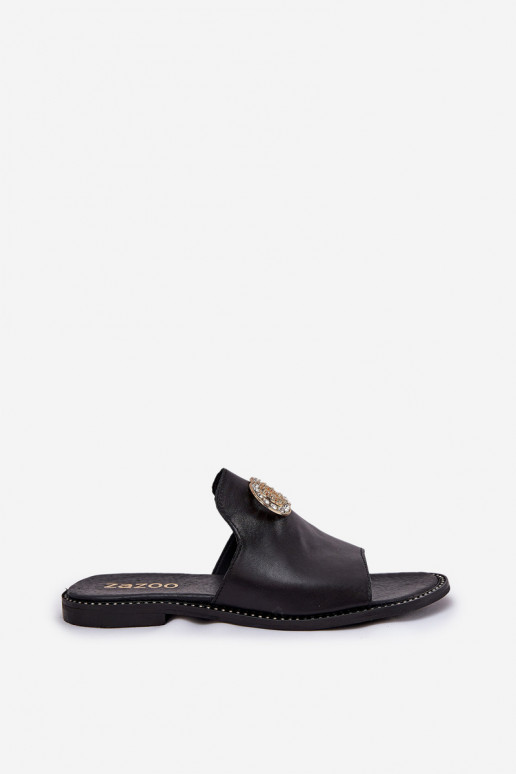 Eleganter Stil Lederhausschuhe Feminin mit Ornamenten Zazoo 3008 schZuarze Farbe