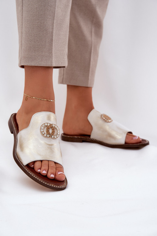 Eleganter Stil Lederhausschuhe Feminin mit Ornamenten Zazoo 3008 goldene Farbe Przecierany