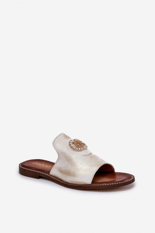 Eleganter Stil Lederhausschuhe Feminin mit Ornamenten Zazoo 3008 goldene Farbe Przecierany