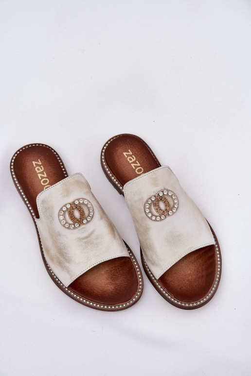 Eleganter Stil Lederhausschuhe Feminin mit Ornamenten Zazoo 3008 goldene Farbe Przecierany