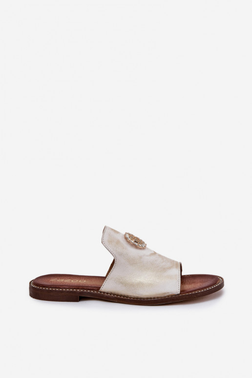 Eleganter Stil Lederhausschuhe Feminin mit Ornamenten Zazoo 3008 goldene Farbe Przecierany