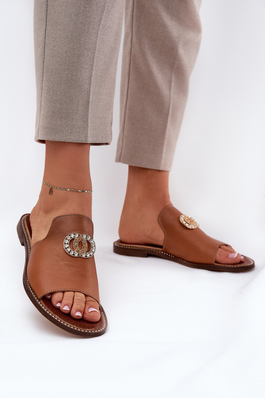 Eleganter Stil Lederhausschuhe Feminin mit Ornamenten Zazoo 3008 braune Farbe