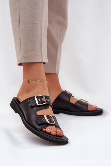 Zazoo 3020 flache Leder-Slipper mit Schnallen in Schwarz
