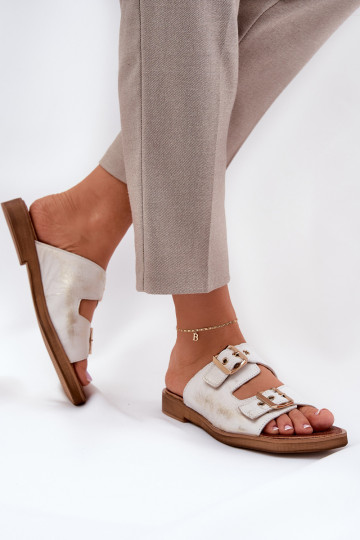 Zazoo 3020 flache Leder-Slipper mit Schnallen in abgenutztem Gold