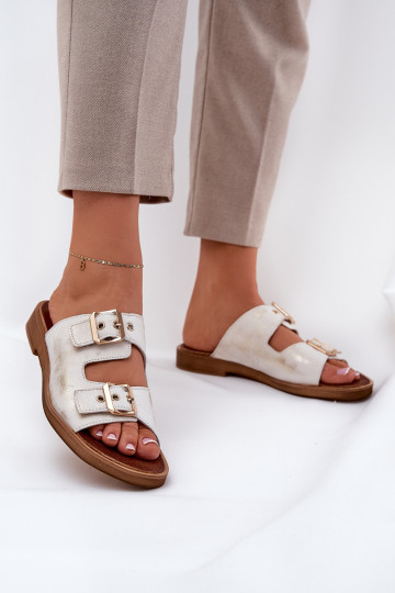 Zazoo 3020 flache Leder-Slipper mit Schnallen in abgenutztem Gold 2