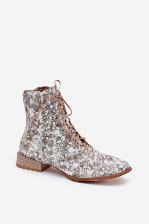 Haut Gemustert Stiefel mit breiten Absätzen Es mussciejka 06391-25 Beige