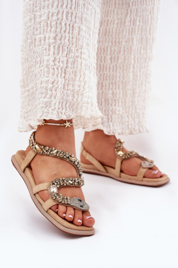 Damen-Sandalen mit Dekoration und Schlangenleder-Imitation aus Eko-Wildleder Artiker 56C1361 sandfarben