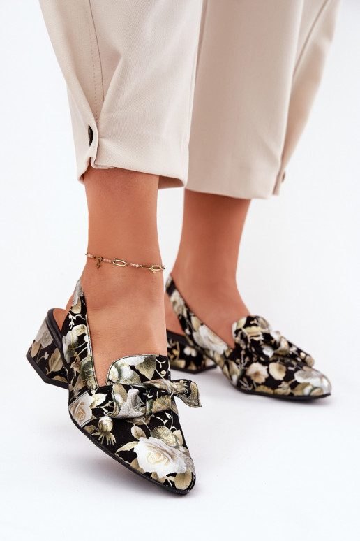 Haut Schuhe mit Blumen mit Bändern N6539-44 schZuarze Farbe Haut Schuhe mit Blumen mit Bändern N6539-44 schZuarze Farbe