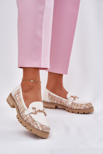 Haut Mokassins für Damen Ze goldene Farbem Detalem Laura Messi 2938 elfenbeinfarbe 2