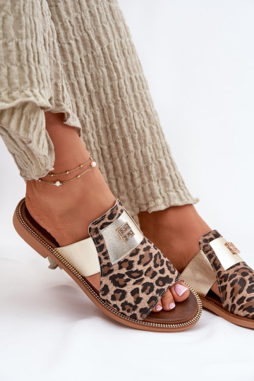 Eleganter Stil Hausschuhe Aus Ermöglichtturleder mit breiten Absätzen Zazoo 40423 mit Leopardenfellmuster