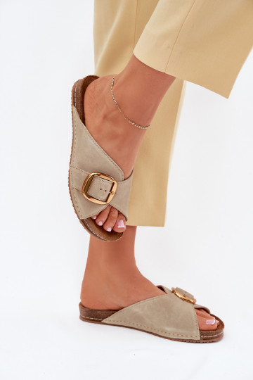 Lederhausschuhe mit goldenen Schnallen Es mussciejka 07000-22 PistacjoZue