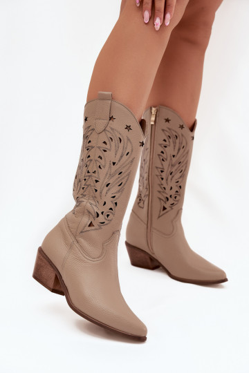 Leder Overknee Stiefel mit durchbrochener Oberfläche Zazoo 3714 sandfarben 2