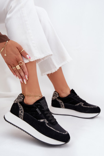 aus INildleder Sneakers Stilvollllschuhe Feminin Big Star OO274A312 HI-POLY SYSTEM schZuarze Farbe mit Leopardenfellmuster