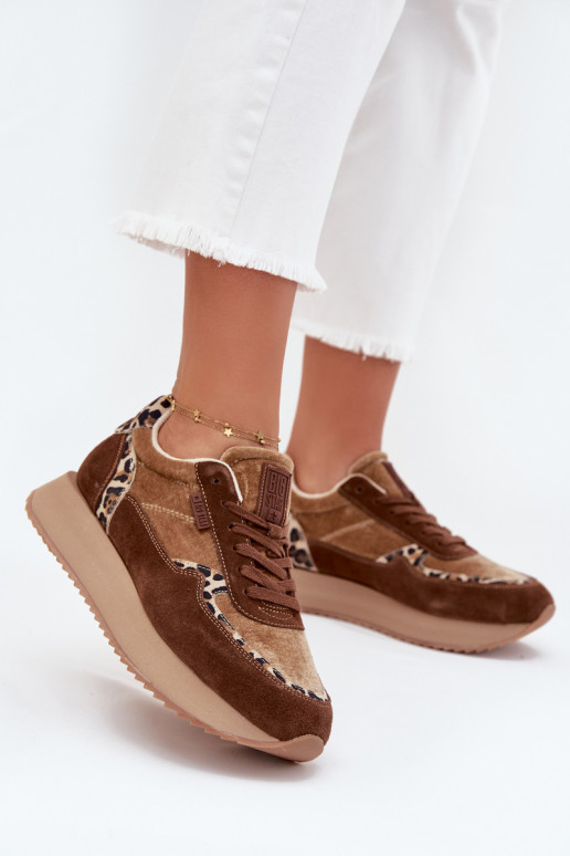 aus INildleder Sneakers Stilvollllschuhe Feminin Big Star OO274A313 HI-POLY SYSTEM braune Farbe mit Leopardenfellmuster
