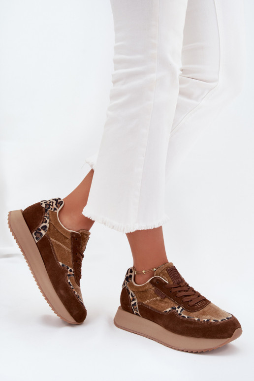 aus INildleder Sneakers Stilvollllschuhe Feminin Big Star OO274A313 HI-POLY SYSTEM braune Farbe mit Leopardenfellmuster