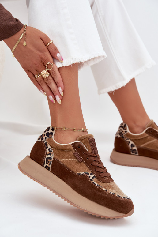 aus INildleder Sneakers Stilvollllschuhe Feminin Big Star OO274A313 HI-POLY SYSTEM braune Farbe mit Leopardenfellmuster