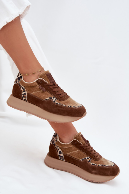 aus INildleder Sneakers Stilvollllschuhe Feminin Big Star OO274A313 HI-POLY SYSTEM braune Farbe mit Leopardenfellmuster