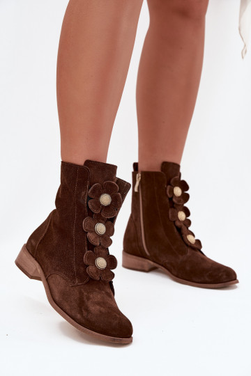 INildlederschuhe Feminin Mit Dekorationeni mit floralen Motivenkami Zazoo 3085 braune Farbe