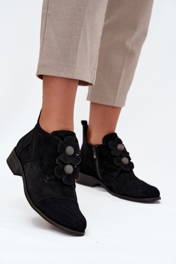 Zazoo 3080 schwarze Wildlederschuhe für Damen mit dekorativen Blumenmotiven 2