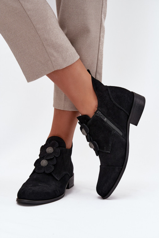 aus INildleder Schuhe Feminin Mit Dekorationeni mit floralen Motivenkami Zazoo 3080 schZuarze Farbe