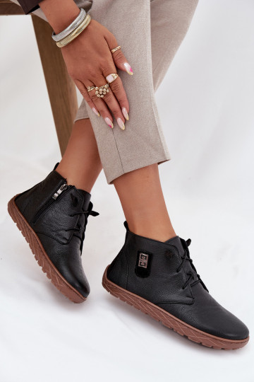Zazoo 30072 schwarze warme Barefoot-Leder-Schuhe für Damen mit dekorativen Details