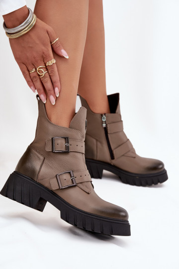Gefütterte Lederstiefeletten für Damen mit Schnallen und schönen Details, Zazoo 60482, sandfarben