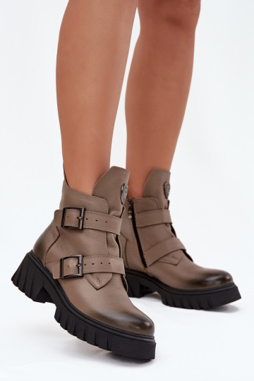 Gefütterte Lederstiefeletten für Damen mit Schnallen und schönen Details, Zazoo 60482, sandfarben 2