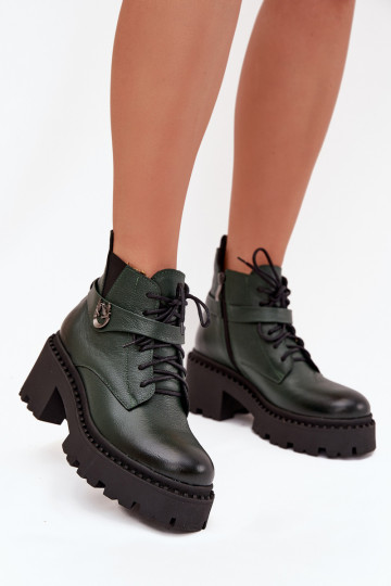 Lederstiefeletten für Damen mit dekorierten Absätzen, gefüttert, Zazoo 60557, khakifarben