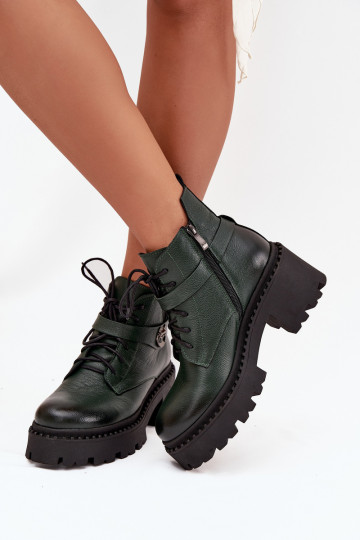 Lederstiefeletten für Damen mit dekorierten Absätzen, gefüttert, Zazoo 60557, khakifarben 2