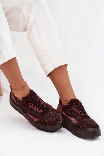 Damen-Sneaker im sportlichen Stil aus natürlichem Wildleder mit Plateau Zazoo N1265S3 in Schokoladenfarbe