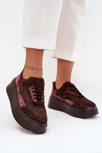 Damen-Sneaker im sportlichen Stil aus natürlichem Wildleder mit Plateau Zazoo N1265S3 in Schokoladenfarbe 2