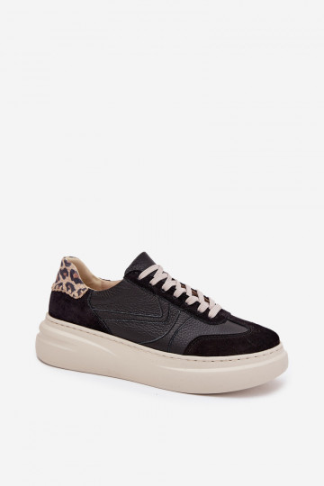 Haut Sneakers Stilvollllschuhe Feminin mit einer Plattform mit Leopardenfellmuster Zazoo N1263 schZuarze Farbe 2