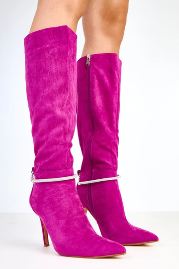 Lila Wildleder Overknee-Stiefel mit dekorativer Kette, High Heels Skye
