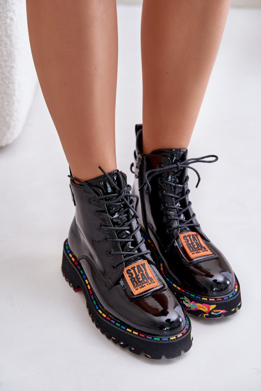 mit Lackeffekt Stiefel Schuhe Feminin Zum Schloss Haut Artiker 55C0517 schZuarze Farbe