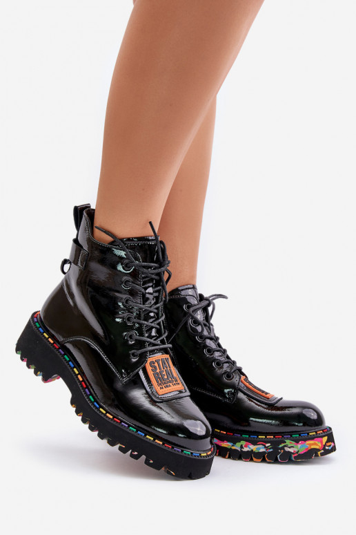 mit Lackeffekt Stiefel Schuhe Feminin Zum Schloss Haut Artiker 55C0517 schZuarze Farbe