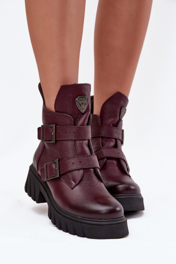 Zazoo 60482 bordeauxfarbene warme Leder-Stiefeletten für Damen mit Schnallen und dekorativen Details