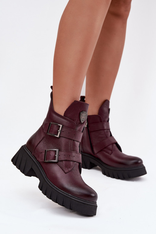 Zazoo 60482 bordeauxfarbene warme Leder-Stiefeletten für Damen mit Schnallen und dekorativen Details