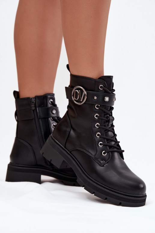 Damen gefütterte Arbeitsstiefel mit dekorativen Details, schwarz, Talyssa