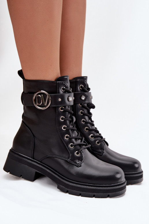 Damen gefütterte Arbeitsstiefel mit dekorativen Details, schwarz, Talyssa