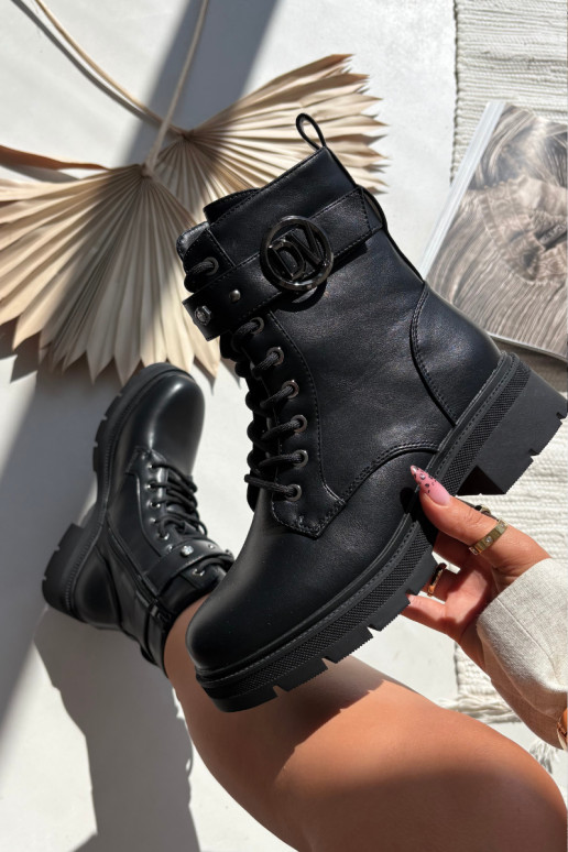 Damen gefütterte Arbeitsstiefel mit dekorativen Details, schwarz, Talyssa