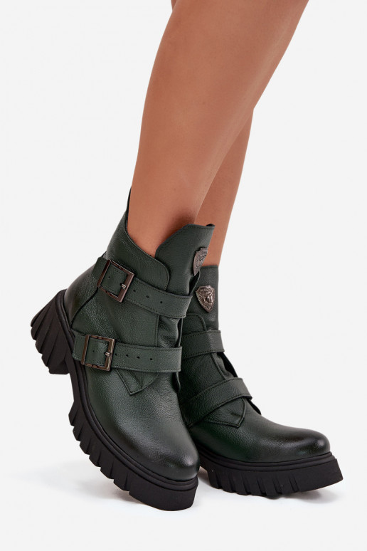 Gefütterte Lederstiefeletten für Damen mit Schnallen und schönen Details, Zazoo 60482, khakifarben Gefütterte Lederstiefeletten für Damen mit Schnallen und schönen Details, Zazoo 60482, khakifarben