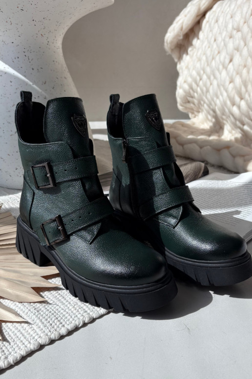 Gefütterte Lederstiefeletten für Damen mit Schnallen und schönen Details, Zazoo 60482, khakifarben Gefütterte Lederstiefeletten für Damen mit Schnallen und schönen Details, Zazoo 60482, khakifarben