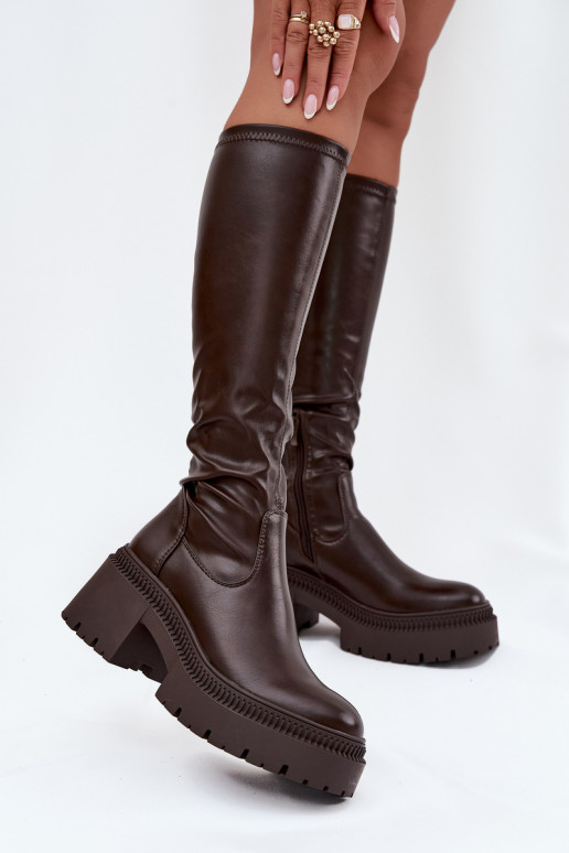 Damenstiefel mit massiven Absätzen und Plattform, schlupfbares Modell in braun Florinne