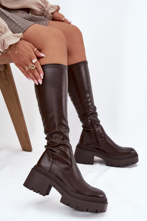 Damenstiefel mit massiven Absätzen und Plattform, schlupfbares Modell in braun Florinne