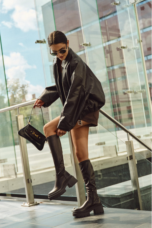 Damenstiefel mit massiven Absätzen und Plattform, schlupfbares Modell in braun Florinne