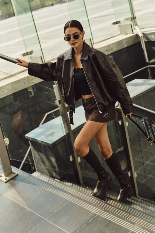 Damenstiefel mit massiven Absätzen und Plattform, schlupfbares Modell in braun Florinne