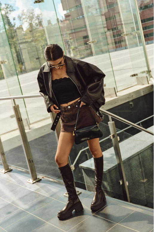 Damenstiefel mit massiven Absätzen und Plattform, schlupfbares Modell in braun Florinne