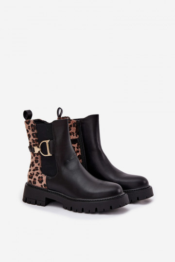 Warme stilvolle Damen-Stiefeletten mit goldenen Details und Leopardenmuster, schwarz, Priscilla