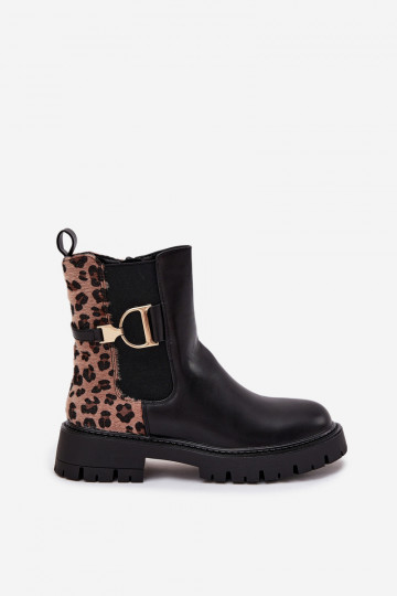 Warme stilvolle Damen-Stiefeletten mit goldenen Details und Leopardenmuster, schwarz, Priscilla 2