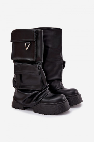 Warme zum Hineinschlüpfen Damen-Overknees mit Plateau und Taschen, schwarz, Clarinda 2